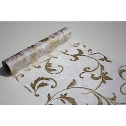   Inda mintás organza csillámos fehér alapon arany (24 cm * 5 m)
