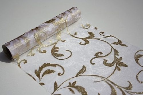 Inda mintás organza csillámos fehér alapon arany (24 cm * 5 m)