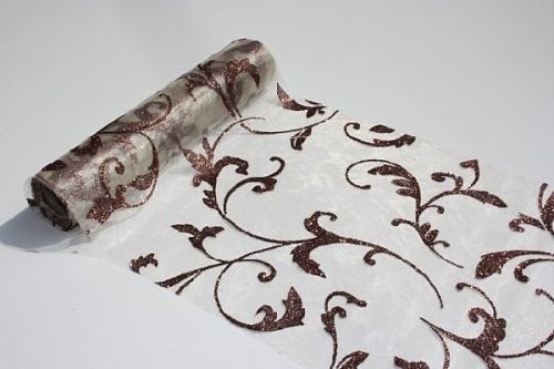 krém alapon barna csillámos inda mintás organza(47 cm * 5 m) 