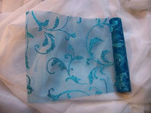 Inda mintás organza csillámos türkiz alapon türkiz (24 cm * 5 m) 