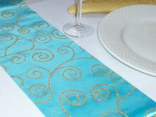 Szaténselyem futó türkiz, arany inda mintával 15 cm x 5 m) 
