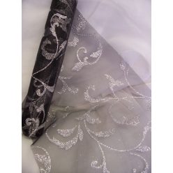   fekete alapon ezüst csillámos inda mintás organza(47cm * 5 m)  