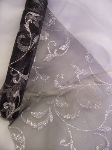 fekete alapon ezüst csillámos inda mintás organza(47cm * 5 m)  
