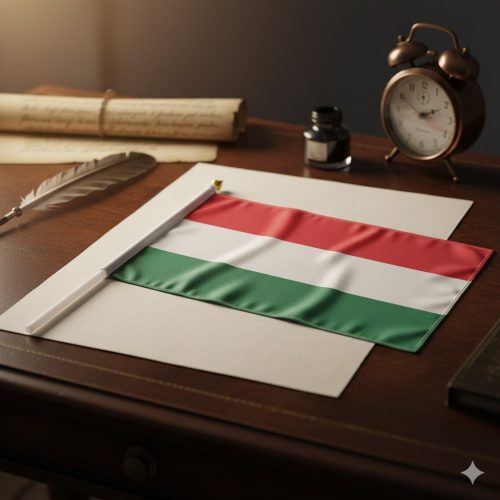 Magyar nemzeti zászló textilből (20x30 cm) – Ünnepi textilzászló 40 cm-es rúddal nemzeti ünnepre