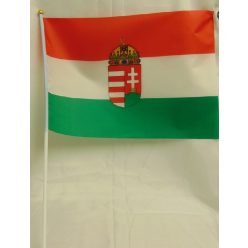 Magyar zászló címerrel, textil (30*45 cm), szár 50 cm