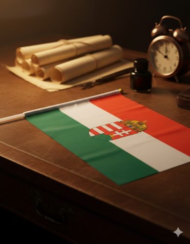Címeres magyar nemzeti zászló textilből (30x45 cm) – Prémium textilzászló 50 cm-es rúddal nemzeti ünnepre