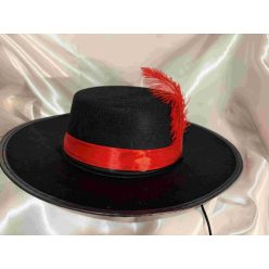 muskétás kalap fekete, piros szalaggal
