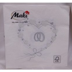   esküvői szalvéta,karikagyűrű szívben, ezüst (33*33), 3 rétegű,