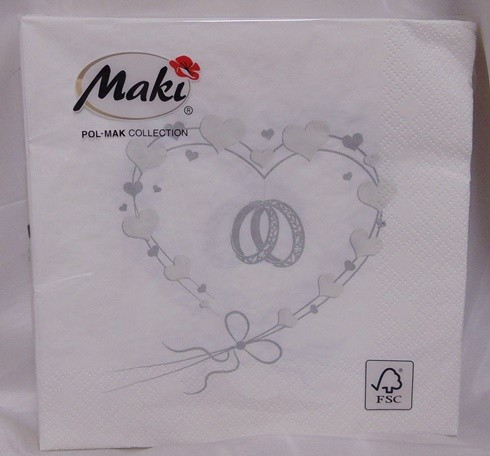 esküvői szalvéta,karikagyűrű szívben, ezüst (33*33), 3 rétegű,