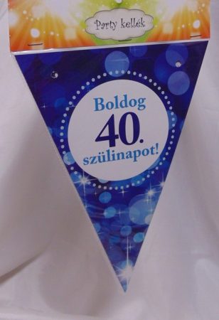Boldog 40. születésnapot zászlógirland, kék (8 db zászló+4 m szalag)