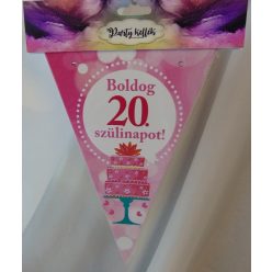   Boldog 20. születésnapot zászlógirland, rózsaszín (8 db zászló+4 m szalag)