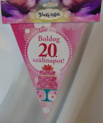 Boldog 20. születésnapot zászlógirland, rózsaszín (8 db zászló+4 m szalag)