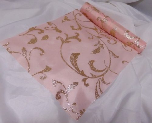 dekorselyem asztali futó indás glitteres, rosegold (25 cm * 5 m)-1702