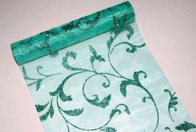 mentazöld alapon csillámos inda mintás organza(24 cm * 5 m)-747 