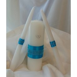 esküvői gyertyaszett strasszos, türkiz (3 részes)