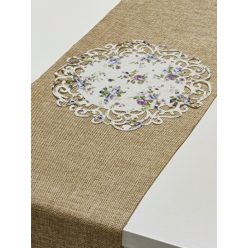   indás szélű asztalközép, vintage, lila virágos (23 cm)-4 db