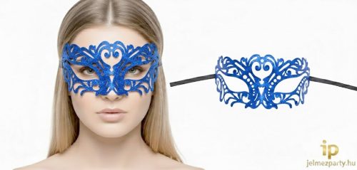 Áttört mintás, glitteres kék álarc – Elegáns velencei maszk
