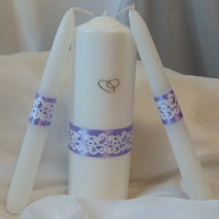 3 részes esküvői gyertyaszett csipke dísszel. lila