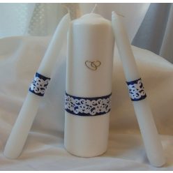 3 részes esküvői gyertyaszett csipke dísszel, kék