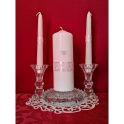   3 részes esküvői gyertyaszett csipke dísszel, rózsaszín