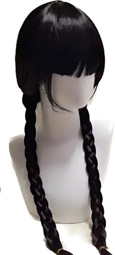 Wednesday Addams paróka – Fekete, duplacopfos és frufrus (Gyerek/Felnőtt)